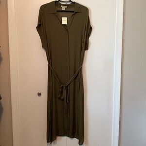 New Lucky Brand Olive Green Chiffon Button Down Collared Maxi Dress Size Large